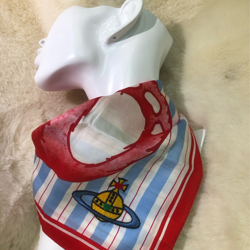 VIVIAN WESTWOOD西太后藍白間條小熊方巾 O546-8