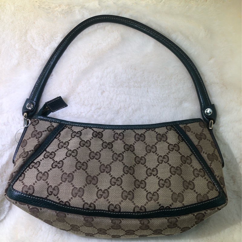 Gucci 古馳墨綠色老花布料腋下包 XB204-1