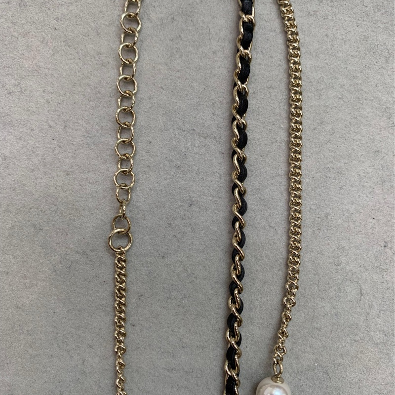 CHANEL 珍珠雙層 皮穿鏈 閃石雙C logo項鏈 X950-5