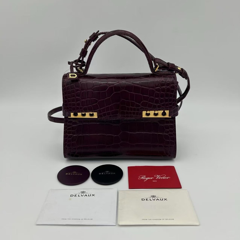 「JL精品代購」 Delvaux 德爾沃鱷魚皮紫紅色tempete 2way手提肩挎包-0