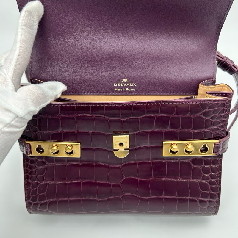「JL精品代購」 Delvaux 德爾沃鱷魚皮紫紅色tempete 2way手提肩挎包-13