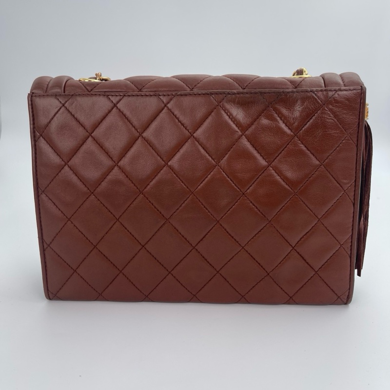 「JL精品代購」 香奈兒紅棕色羊皮金球流蘇菱格紋翻蓋鏈條單肩包-1