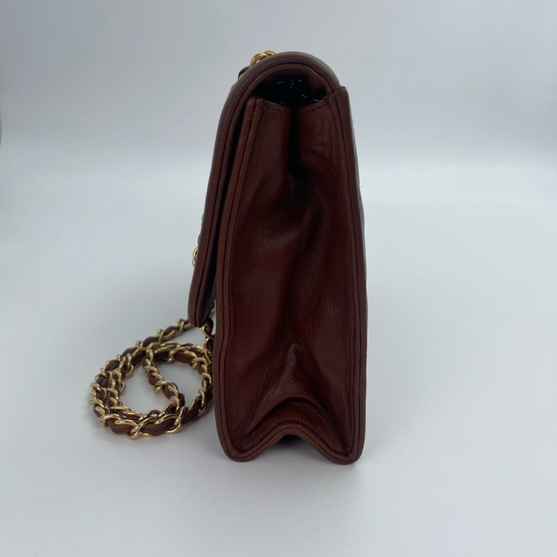 「JL精品代購」 香奈兒紅棕色羊皮金球流蘇菱格紋翻蓋鏈條單肩包-2