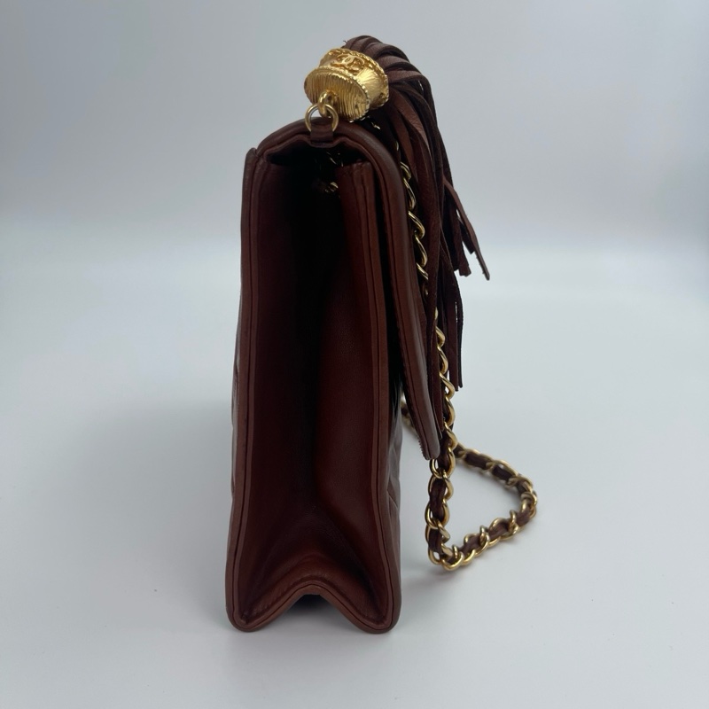 「JL精品代購」 香奈兒紅棕色羊皮金球流蘇菱格紋翻蓋鏈條單肩包-3