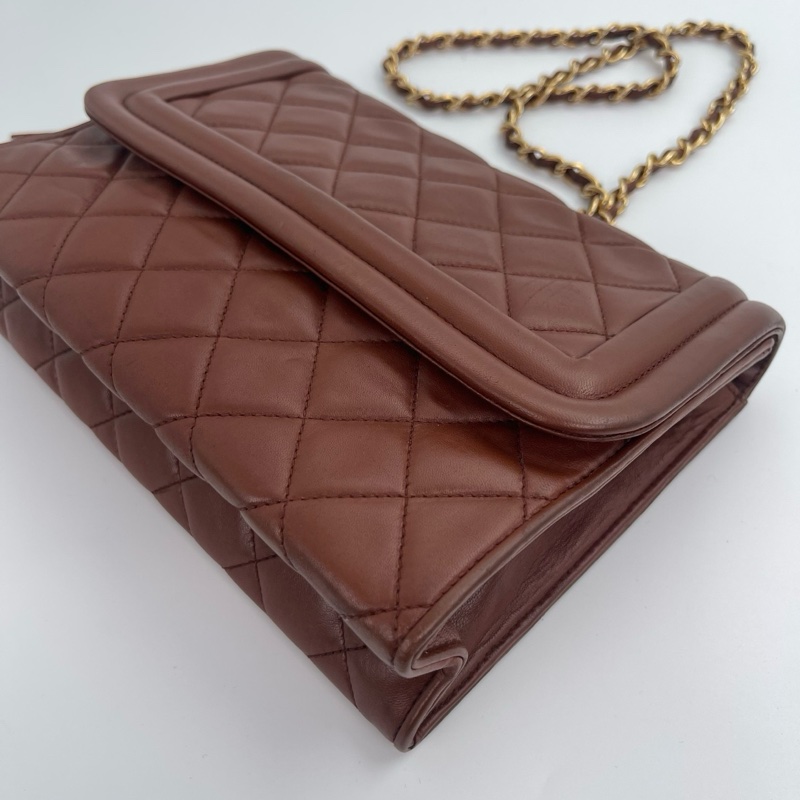「JL精品代購」 香奈兒紅棕色羊皮金球流蘇菱格紋翻蓋鏈條單肩包-4