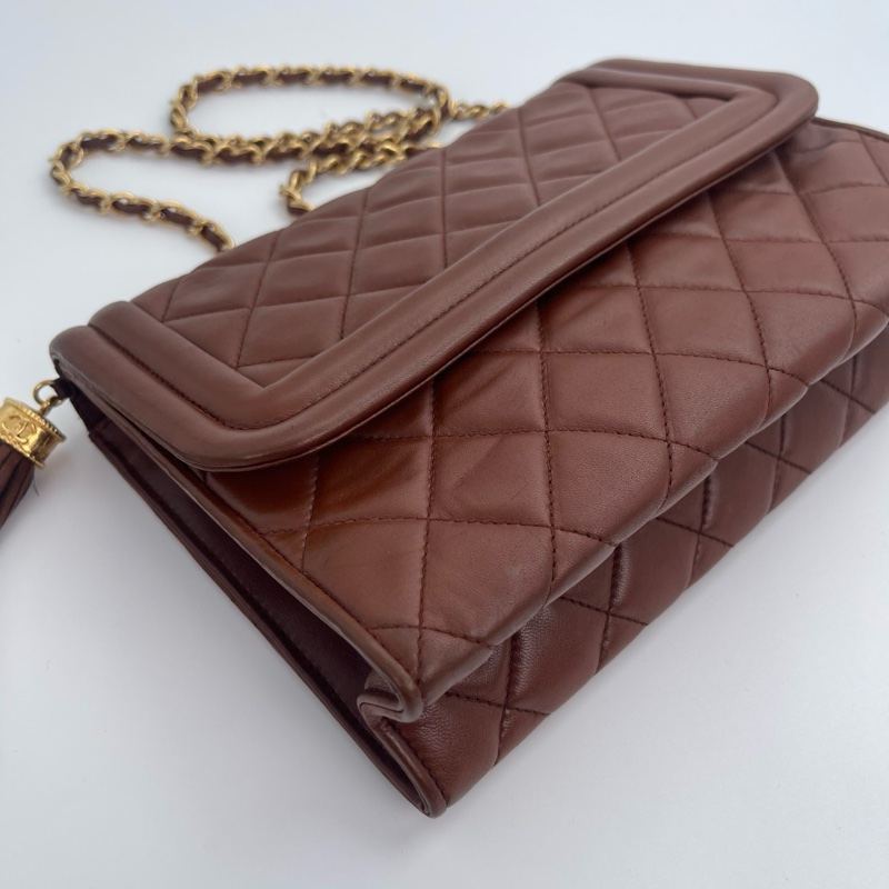 「JL精品代購」 香奈兒紅棕色羊皮金球流蘇菱格紋翻蓋鏈條單肩包-6