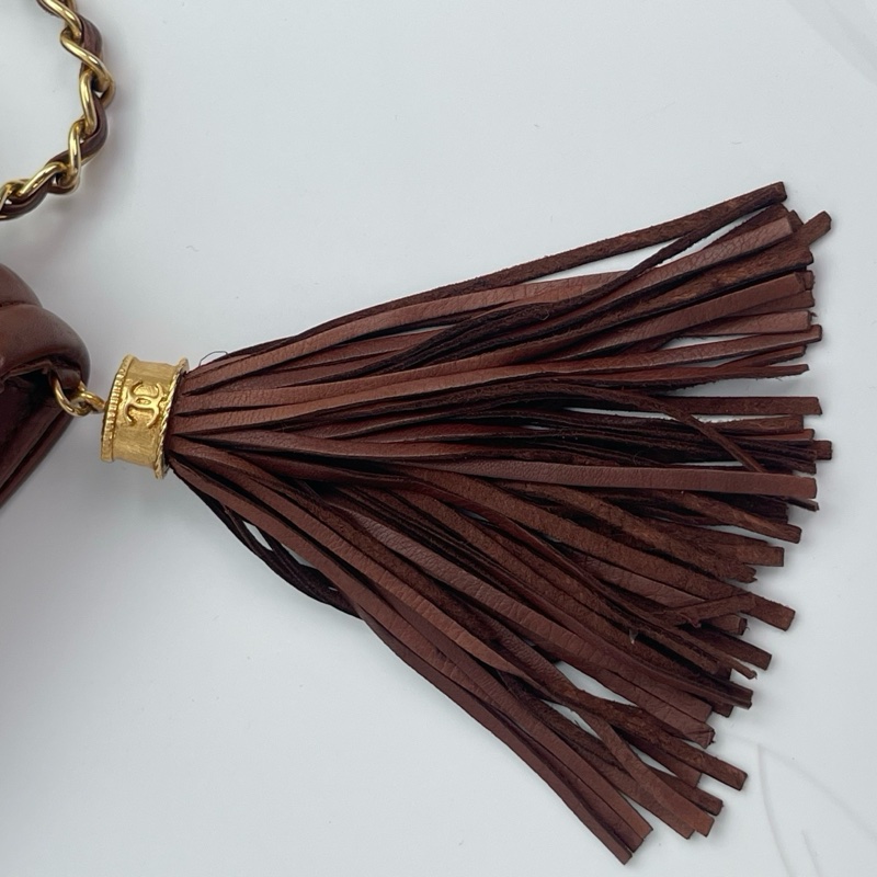 「JL精品代購」 香奈兒紅棕色羊皮金球流蘇菱格紋翻蓋鏈條單肩包-9