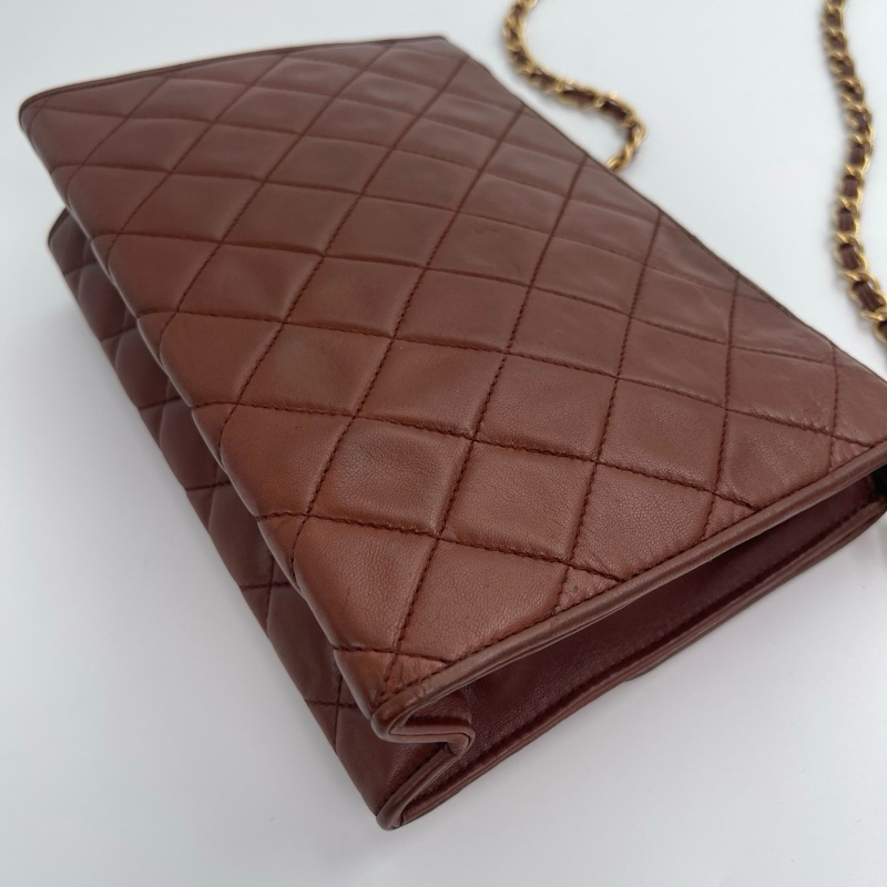 「JL精品代購」 香奈兒紅棕色羊皮金球流蘇菱格紋翻蓋鏈條單肩包-12