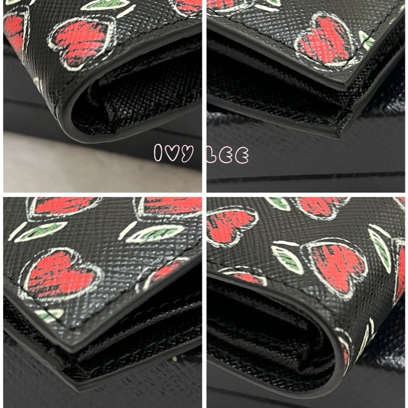 Prada 雙折皮夾 愛心黑紅 1MV204 短夾 零錢袋 正品 二手精品-13