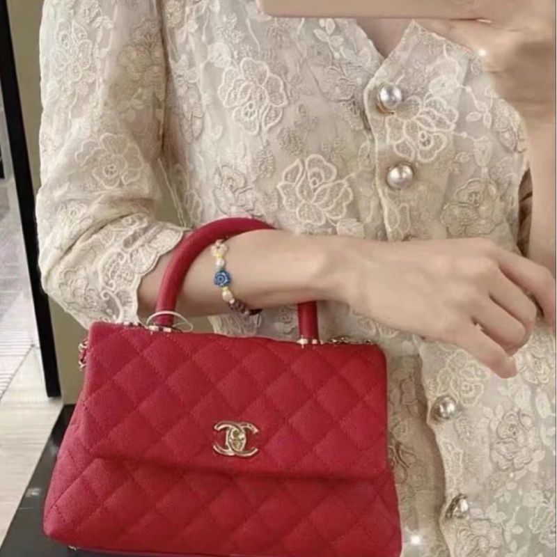 chanel香奈兒coco handle小號紅色荔枝皮-0