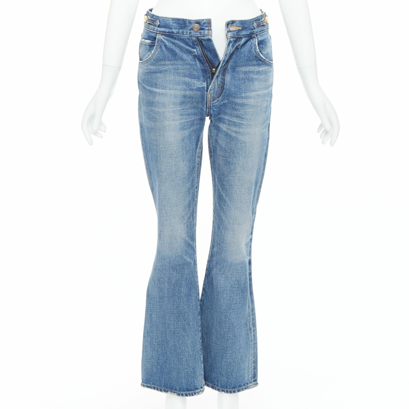 CELINE W_FL_018 Dylan blue washed gold triomphe buckle bootcut jeans 26"-0