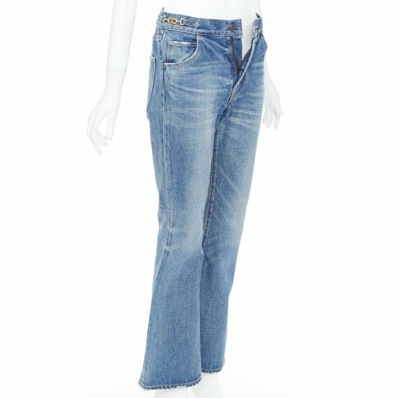 CELINE W_FL_018 Dylan blue washed gold triomphe buckle bootcut jeans 26"-2