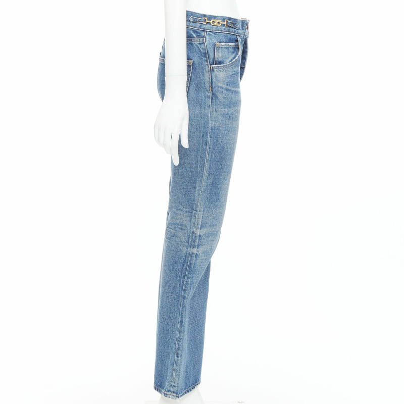 CELINE W_FL_018 Dylan blue washed gold triomphe buckle bootcut jeans 26"-3