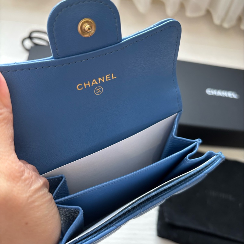 「二手」Chanel 金釦 藍色 雙層 卡夾 零錢包-6