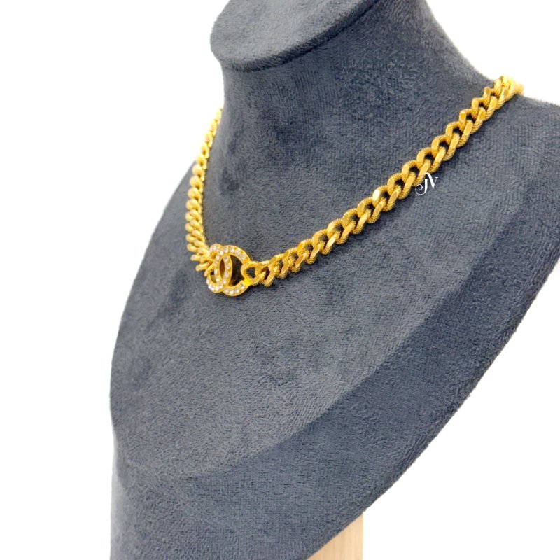 CHANEL 金色古巴鏈雙C鑽頸鍊-1