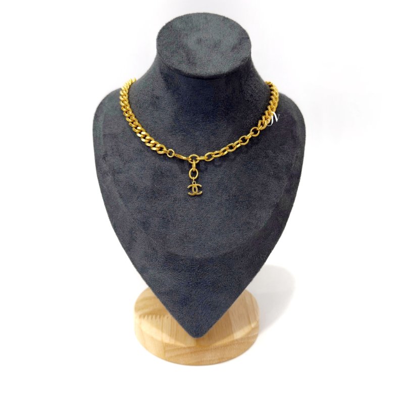 CHANEL 金色古巴鏈雙C鑽頸鍊-3