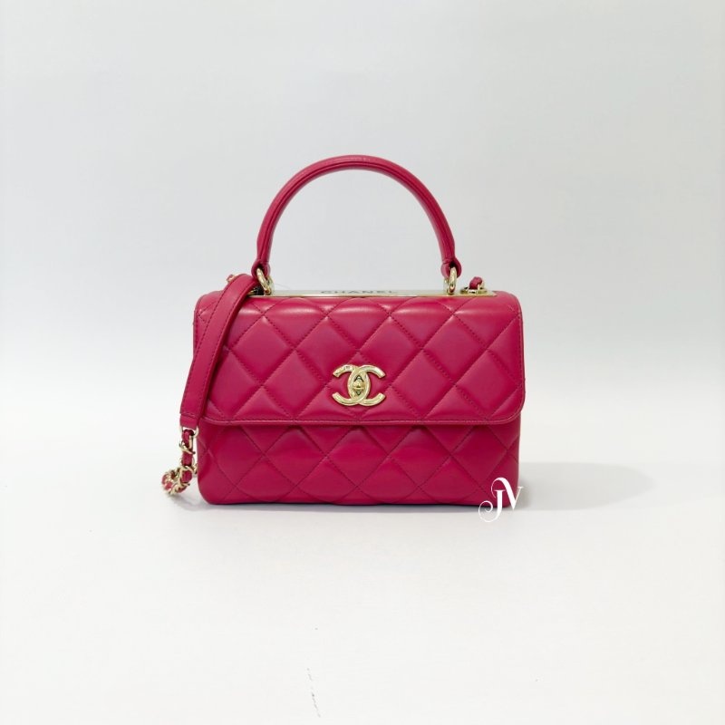 CHANEL 桃紅色羊皮Trendy cc下蓋手提風琴包/A92236-0