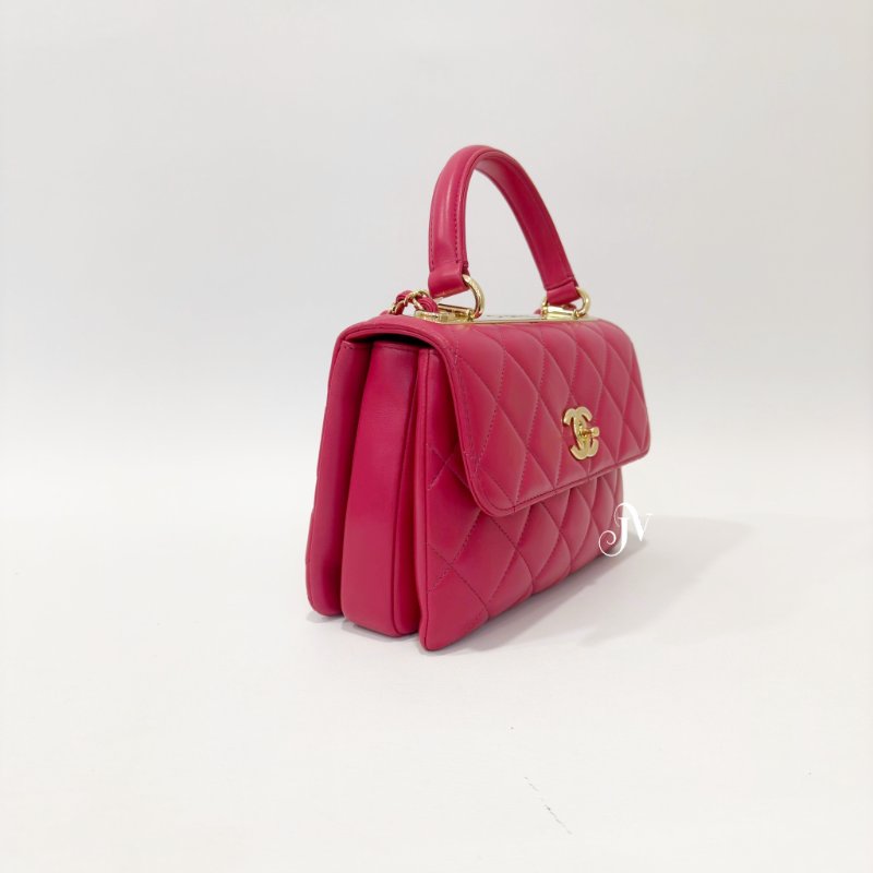 CHANEL 桃紅色羊皮Trendy cc下蓋手提風琴包/A92236-1
