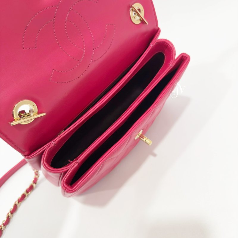 CHANEL 桃紅色羊皮Trendy cc下蓋手提風琴包/A92236-5