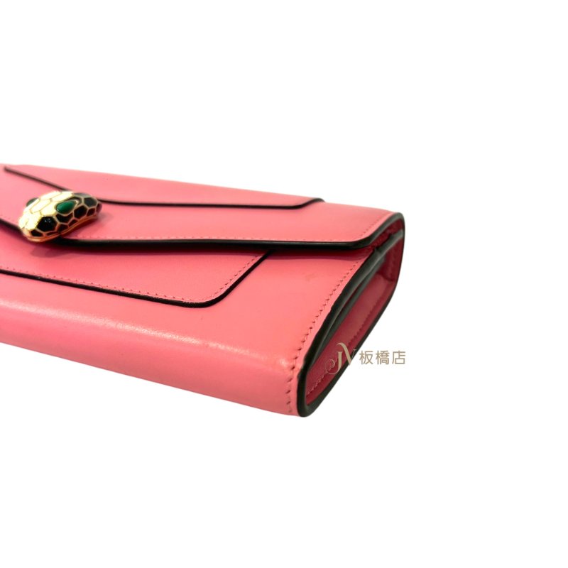 Bvlgari 粉色牛皮蛇頭下蓋長夾-8
