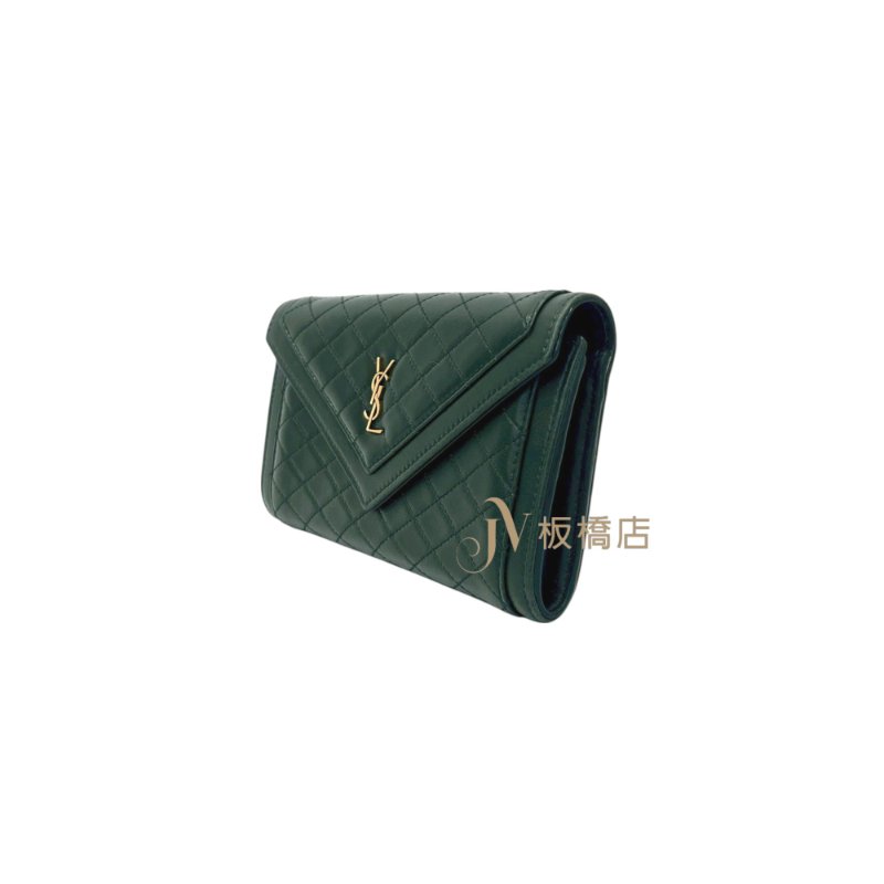 YSL 皮夾墨綠羊皮菱格信封金釦下蓋長夾-1