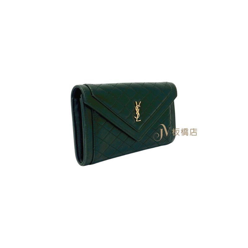 YSL 皮夾墨綠羊皮菱格信封金釦下蓋長夾-2
