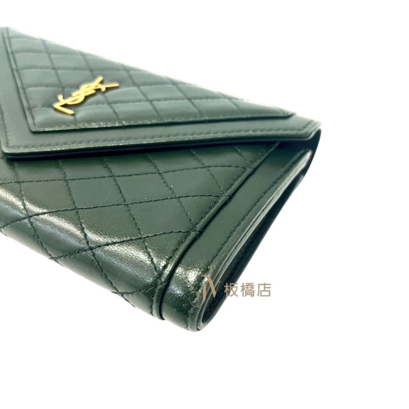 YSL 皮夾墨綠羊皮菱格信封金釦下蓋長夾-7
