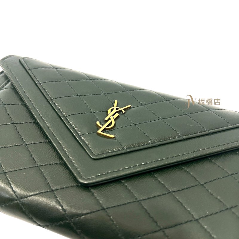 YSL 皮夾墨綠羊皮菱格信封金釦下蓋長夾-8