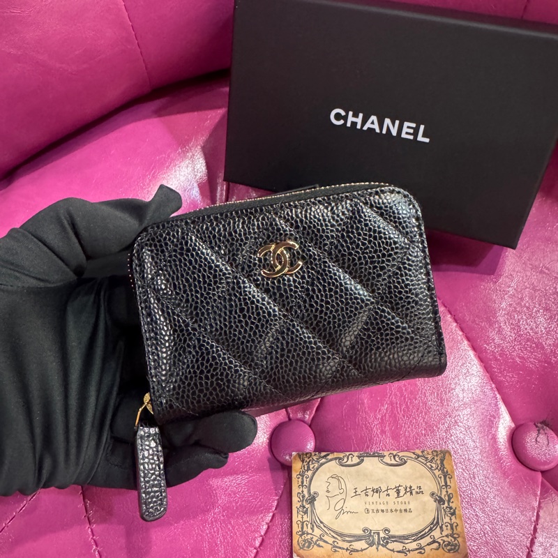 Chanel 荔枝黑金零錢包/新款拉鏈/王吉娜古董精品-0