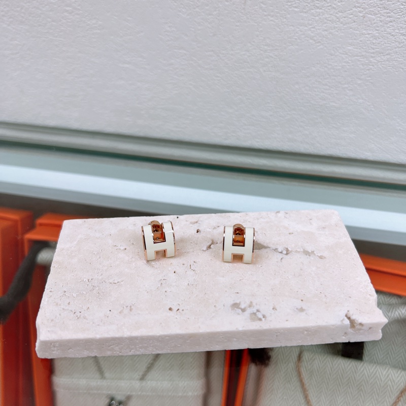 近新 Hermes 大pop h 耳環 白色玫瑰金-0