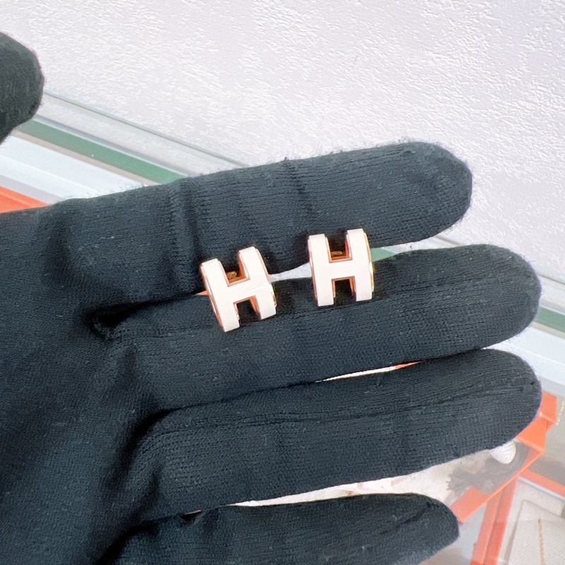 近新 Hermes 大pop h 耳環 白色玫瑰金-1