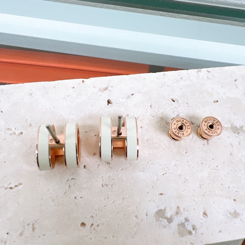 近新 Hermes 大pop h 耳環 白色玫瑰金-5