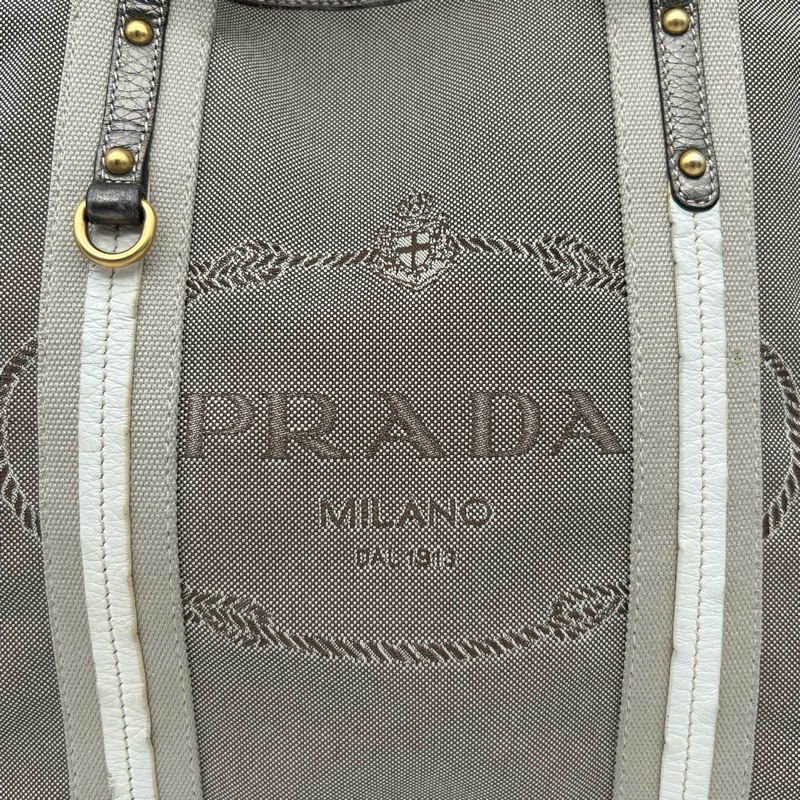 「JL精品代購」Prada卡其色帆布拼皮手提托特包-14