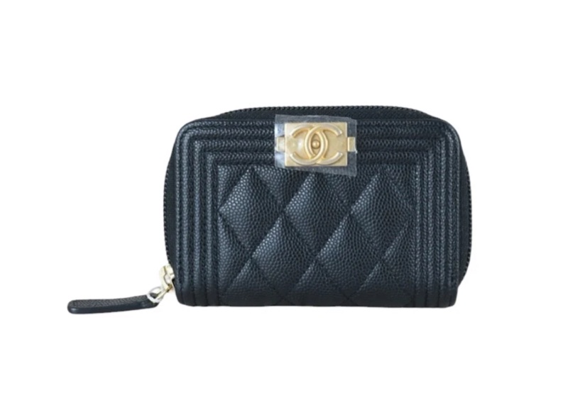 「JL精品代購」97新 Chanel boy 黑金 荔枝皮 大拉鍊錢包-0