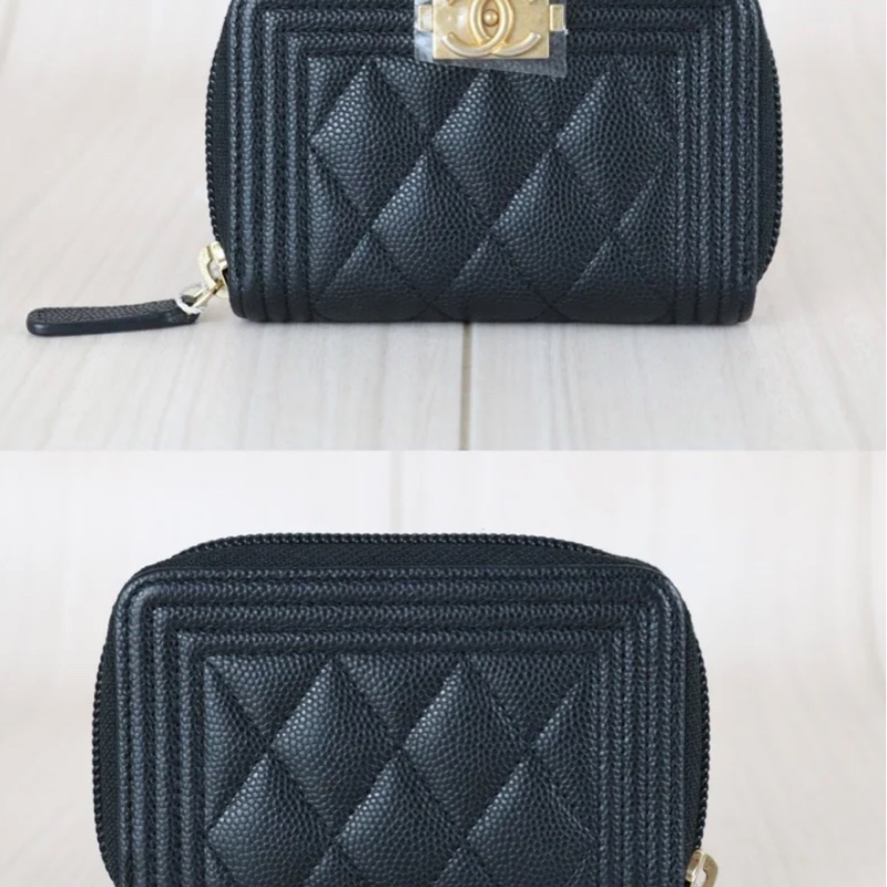 「JL精品代購」97新 Chanel boy 黑金 荔枝皮 大拉鍊錢包-1