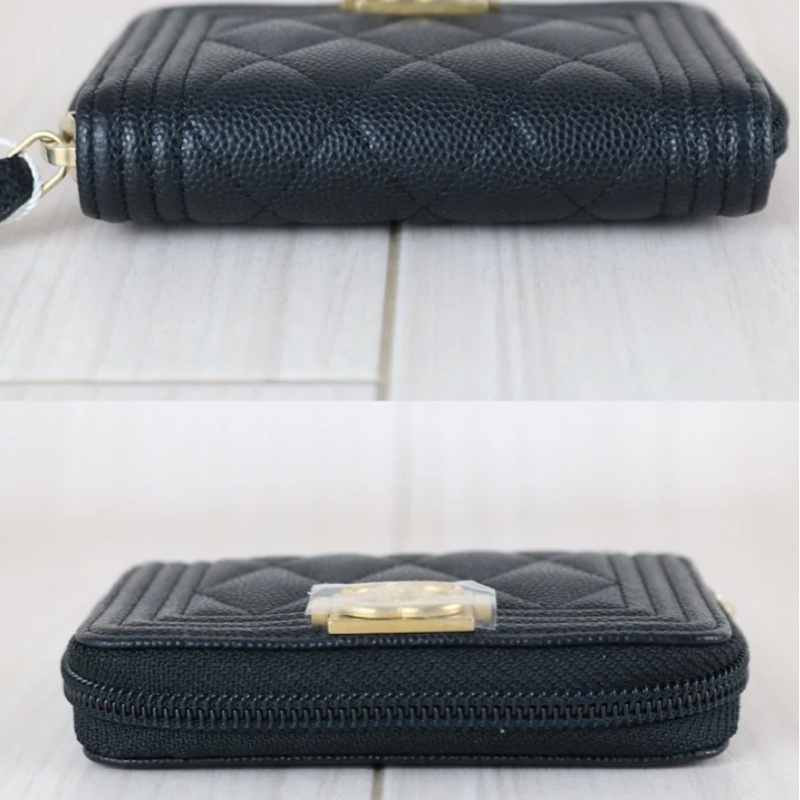 「JL精品代購」97新 Chanel boy 黑金 荔枝皮 大拉鍊錢包-2