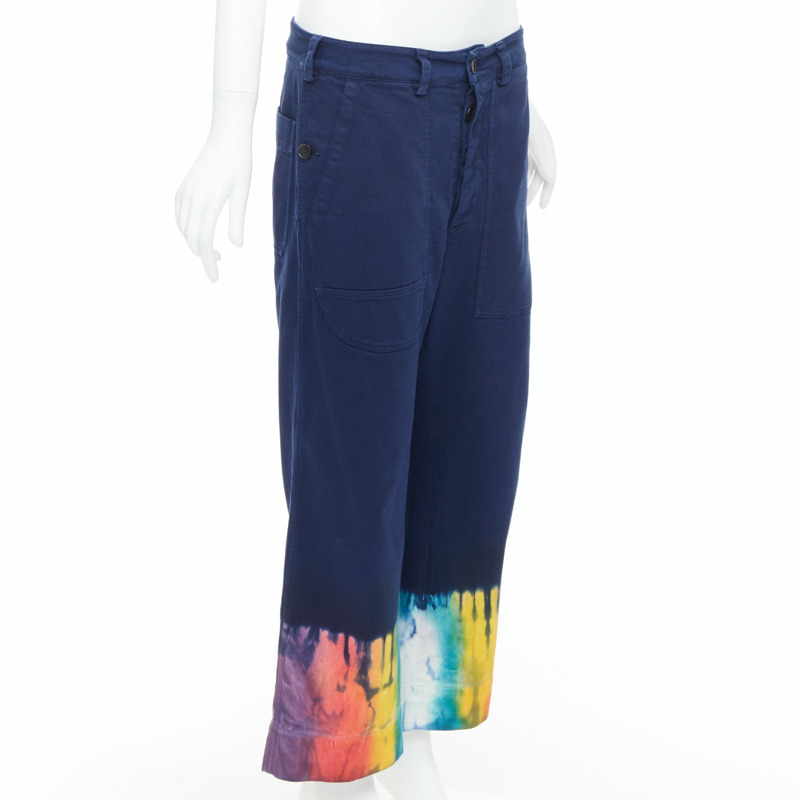 DIOR indigo blue rainbow tie dye hem wide leg cropped jeans FR38 M-2