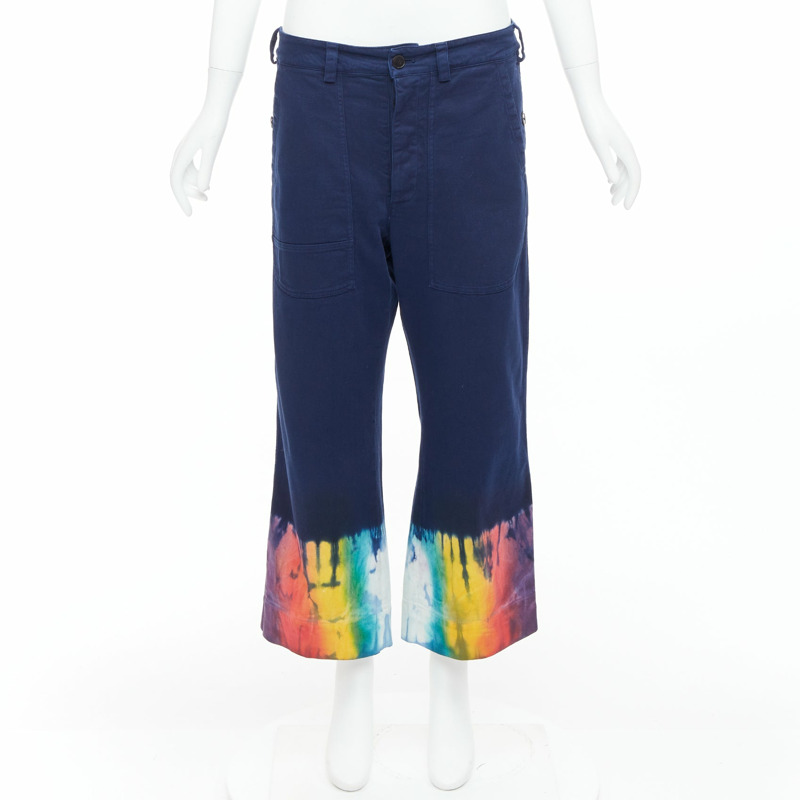 DIOR indigo blue rainbow tie dye hem wide leg cropped jeans FR38 M-8