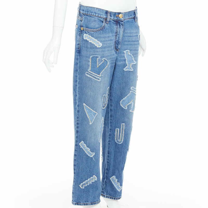 CHANEL 19A blue cotton hieroglyphics patch straight leg jeans FR40 L-2