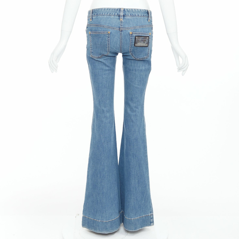 DOLCE GABBANA blue denim silver logo metal pocket flared bell jeans IT38 XS-0