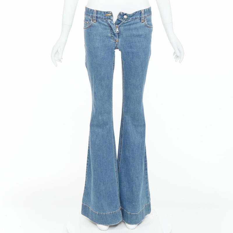 DOLCE GABBANA blue denim silver logo metal pocket flared bell jeans IT38 XS-2