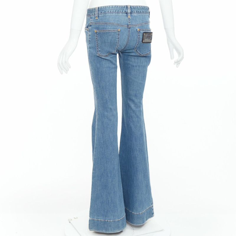DOLCE GABBANA blue denim silver logo metal pocket flared bell jeans IT38 XS-5