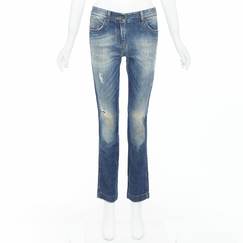 DOLCE GABBANA blue washed denim logo plate distressed jeans IT40 M-8