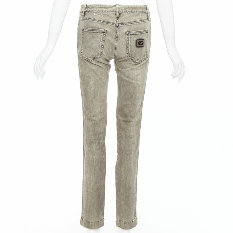 DOLCE GABBANA khaki denim washed logo metal plate jeans IT42 M-4