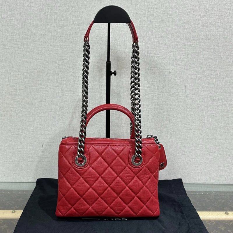 CHANEL 红銀菱格紋手提肩背包23*16*8 98新配件塵袋保卡-5