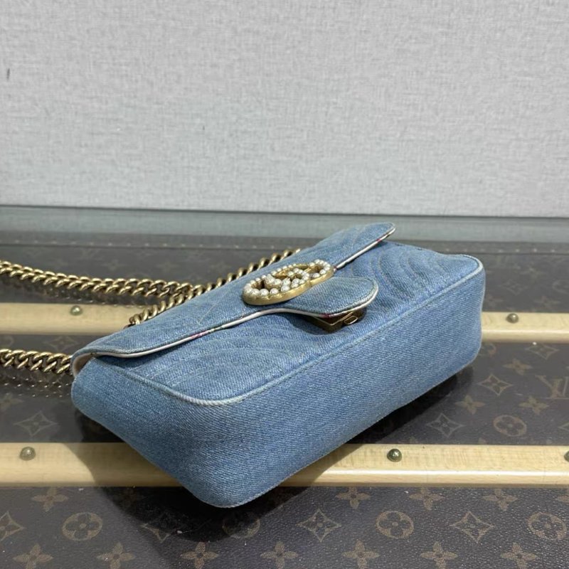 GUCCI 馬蒙22牛仔珍珠扣肩背斜背鏈條包 22*13*6 98新配件塵袋-2