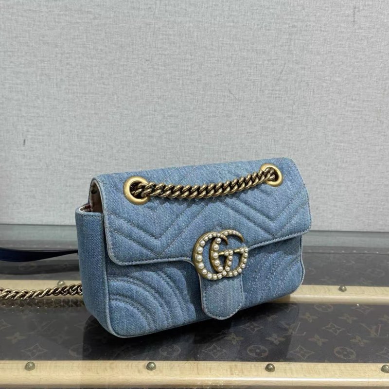 GUCCI 馬蒙22牛仔珍珠扣肩背斜背鏈條包22*13*6 98新配件塵袋-1