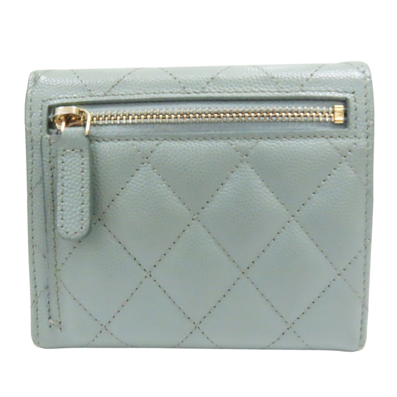 淺綠 牛皮 菱格紋 荔枝紋 扣式短夾 銀扣【CHANEL 香奈兒】 AP0231-1