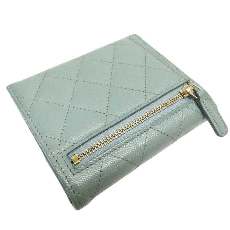 淺綠 牛皮 菱格紋 荔枝紋 扣式短夾 銀扣【CHANEL 香奈兒】 AP0231-3