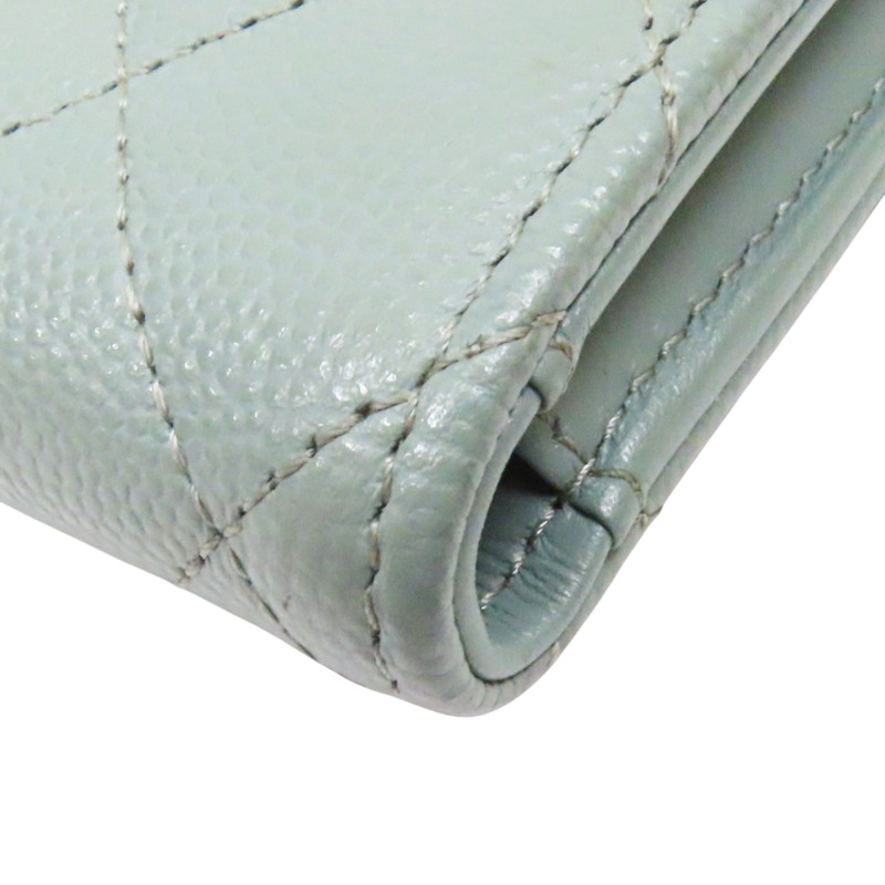 淺綠 牛皮 菱格紋 荔枝紋 扣式短夾 銀扣【CHANEL 香奈兒】 AP0231-12